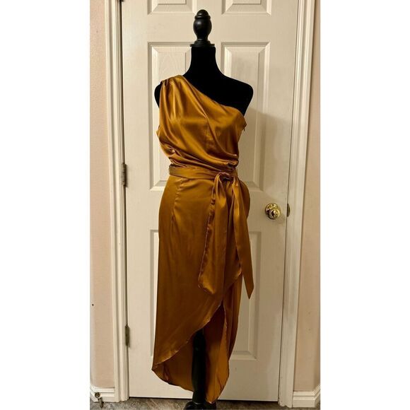 NWOT Celia One Shoulder Bronze Midi Dress by BalticBorn Medium - Picture 3 of 13
